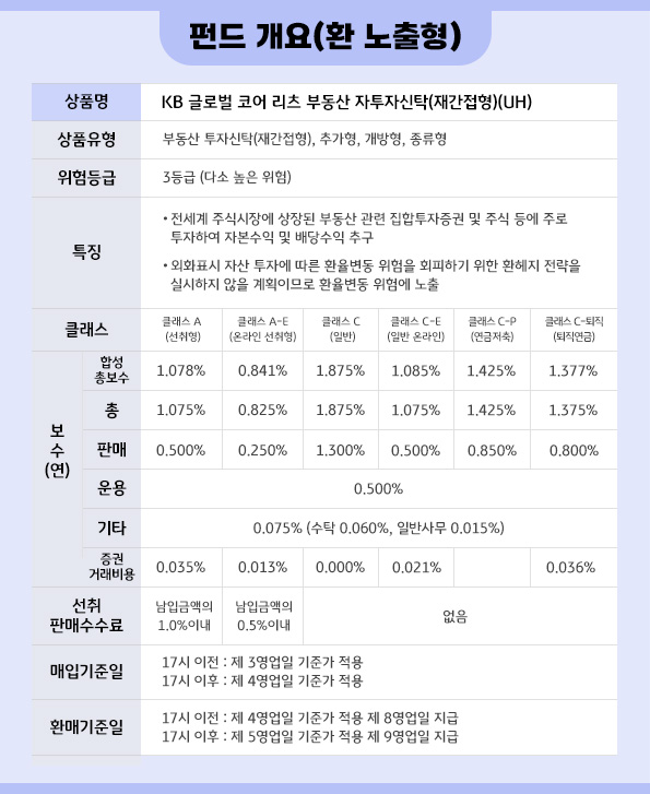 'kb 글로벌 코어 리츠' 펀드의 '환노출형' 상품 기본 개요.